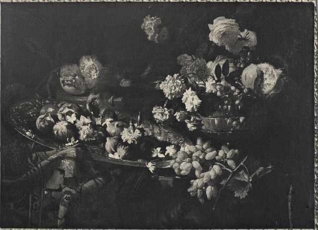 Anonimo — Autore non indicato - sec. XVII/ XVIII - Natura morta con fiori, frutta e pappagallo — insieme